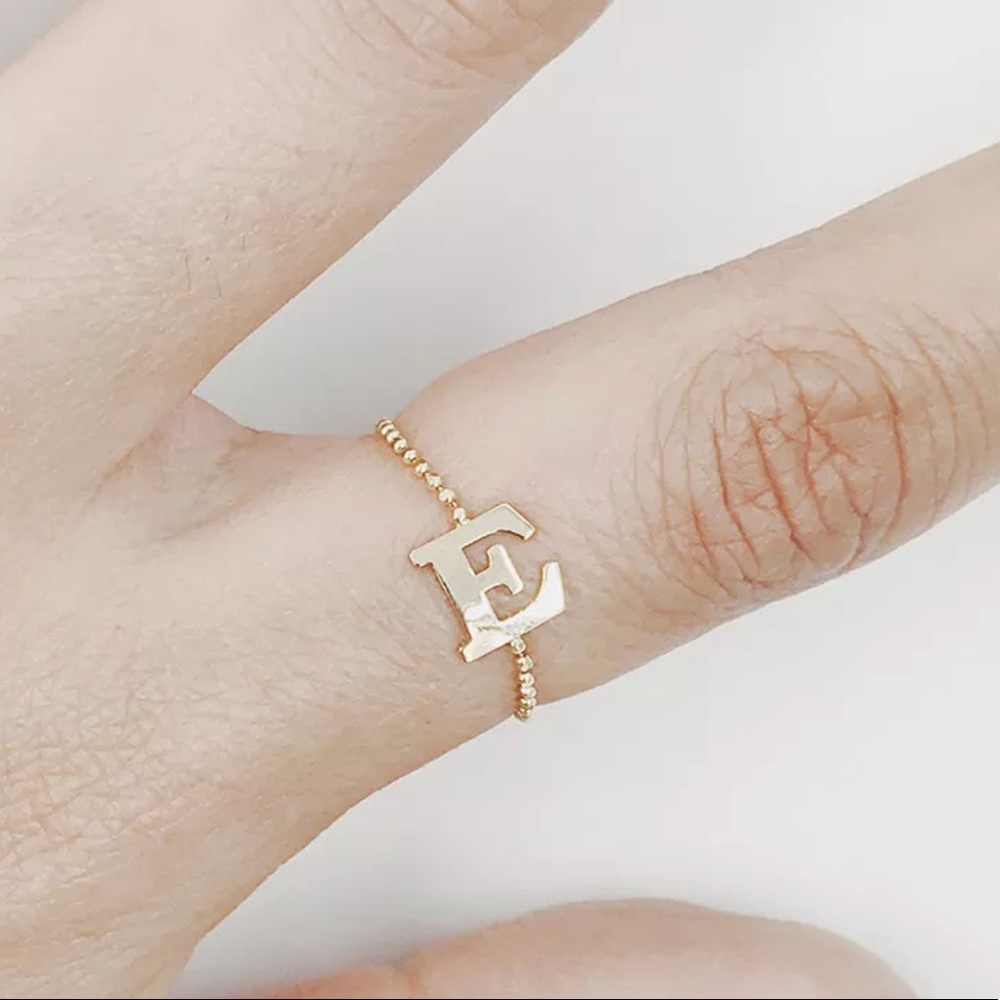 14K Solid Gold Ball Chain Initial Ring - Picture 1 of 4